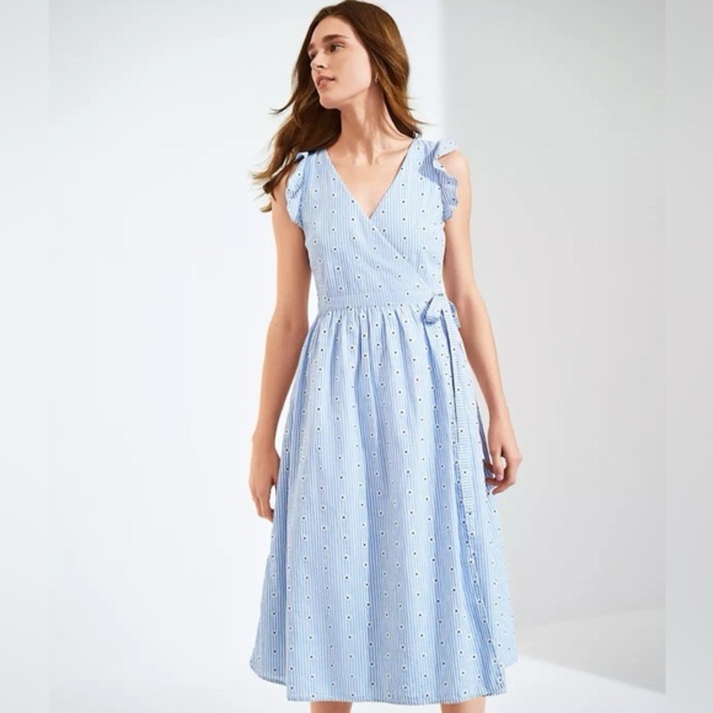 LOFT Blue White Striped Floral Eyelet Ruffle Sleeve Midi Wrap Dress Cottagecore